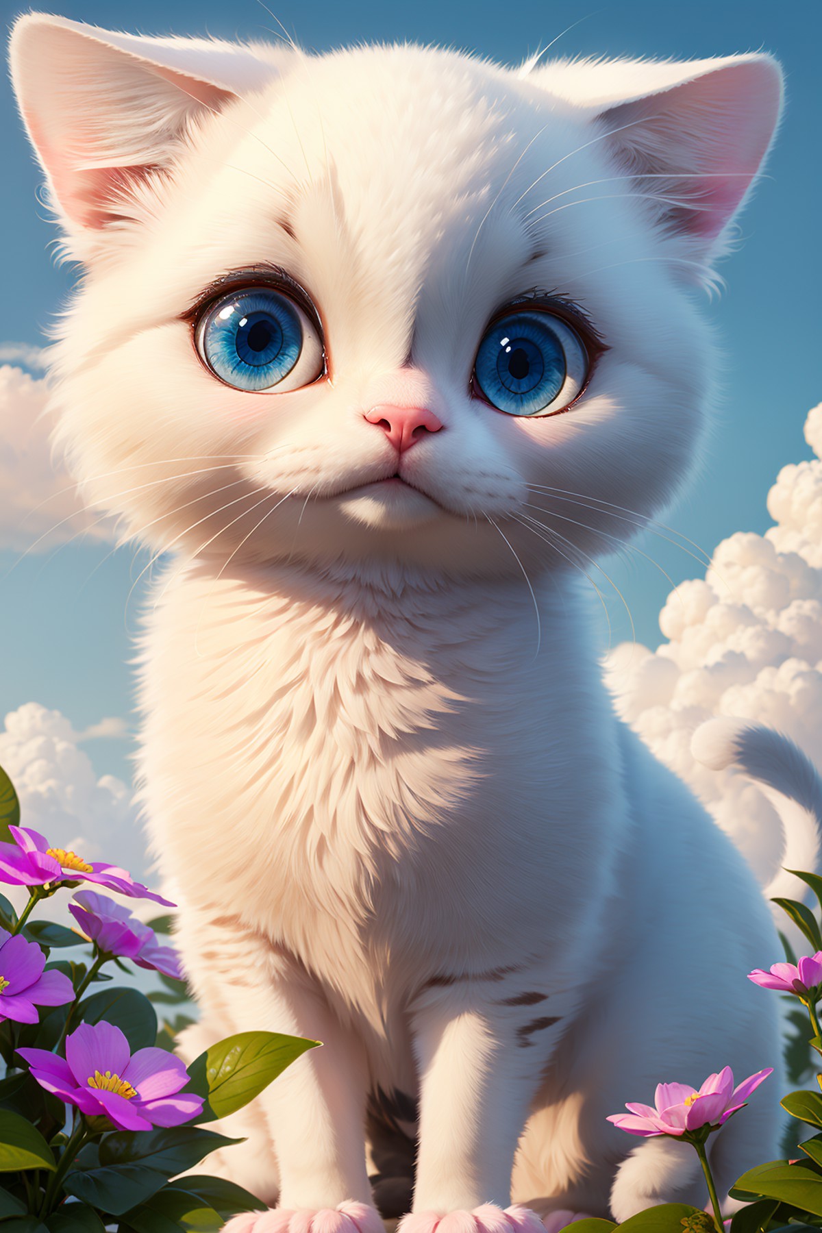 8k, Masterpiece, Best Quality, best quality face, beautiful eyes, CappyCipJellyling, 1cat, outdoors, sky, cloud, flower